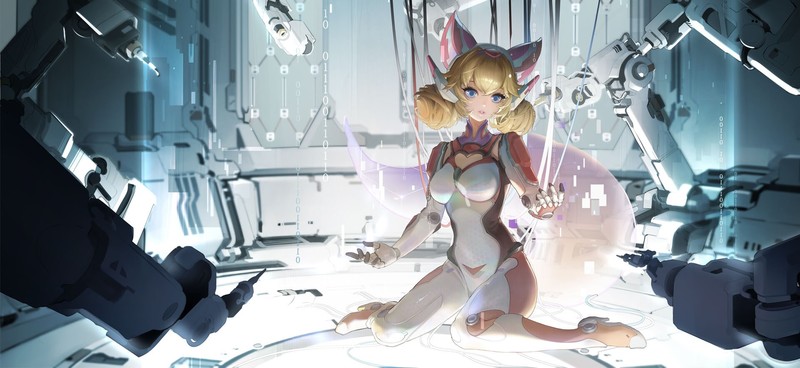 anime, blonde, futuristic, blue eyes, cyborg, anime girls