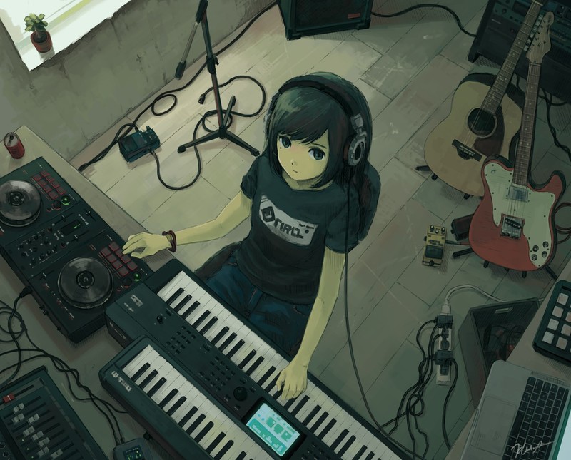 music, high angle, anime