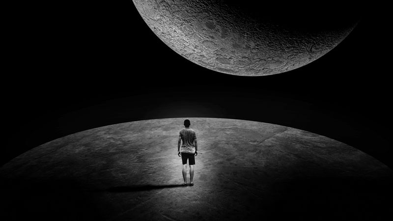 moon, man, loneliness, space, extraterrestrial, dark, black and white, 4k
