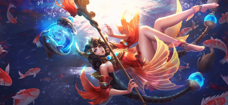 anime, underwater, anime girls, barefoot, legs, fish, fantasy girl, blue eyes