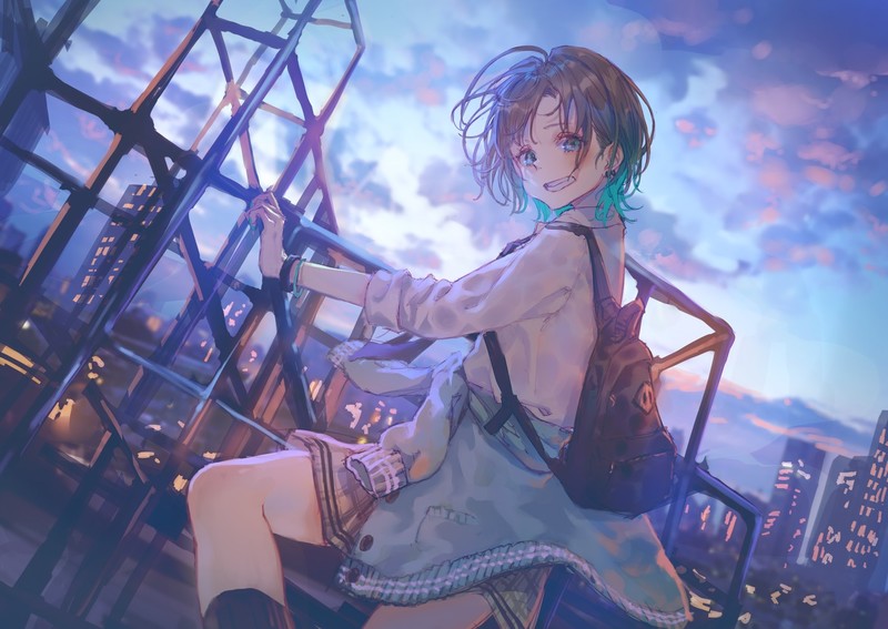 anime, anime girls, digital art, artwork, 2D, portrait, backpacks, miniskirt, brunette