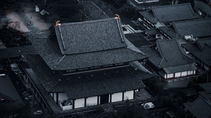 aerial view, photography, building, China, monochrome