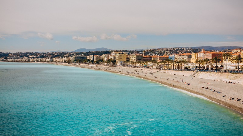 France, city, seashore, water, mountains, beach, palm trees, Nice (city), people