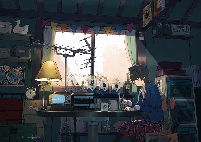 anime, anime girls, original characters, indoors, sitting, interior, hat, antenna, 2020 (Year)