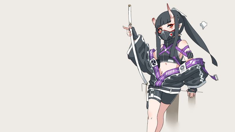 oni girl, mask, horns, original characters, black hair, katana, brown background, red eyes, Streetwear
