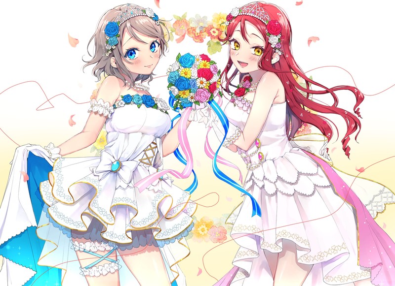 Love Live! Sunshine, Watanabe You, Sakurauchi Riko, anime, anime girls, brides, blue eyes, red eyes, redhead