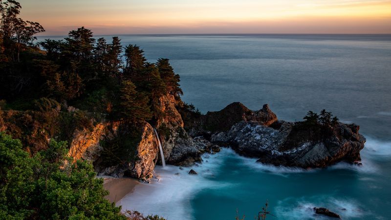 bay, rocks, waterfall, sea, trees, vegetation, stone, 4k