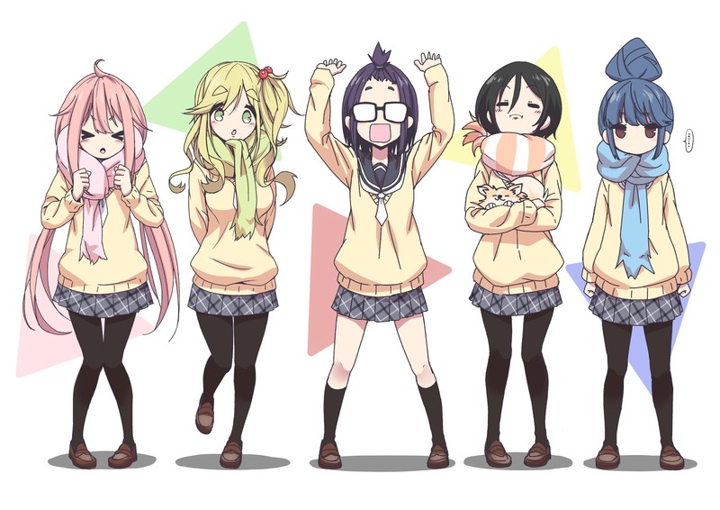 Yuru Camp, Nadeshiko Kagamihara, Aoi Inuyama, Rin Shima, Chiaki Oogaki, Saitou Ena, anime, anime girls, white background, scarf, blonde, pink hair, purple hair, dark hair, blue hair, standing, miniskirt