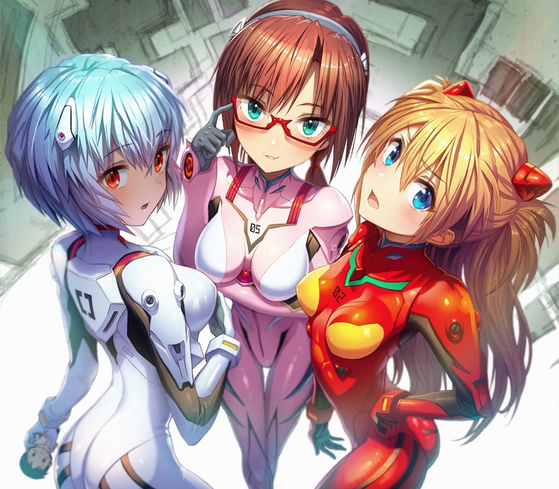 anime, anime girls, Neon Genesis Evangelion, Asuka Langley Shikinami, Asuka Langley Soryu, Ayanami Rei, Makinami Mari Illustrious, glasses, breast hold, bodysuit
