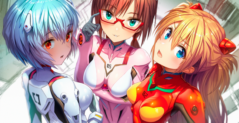 anime, anime girls, Neon Genesis Evangelion, Asuka Langley Shikinami, Asuka Langley Soryu, Ayanami Rei, Makinami Mari Illustrious, glasses, breast hold, bodysuit