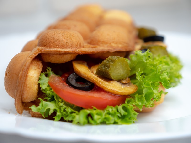 food, eating, waffle, vegetables, tomatoes, cucumbers, mushroom, olives, salad, plates