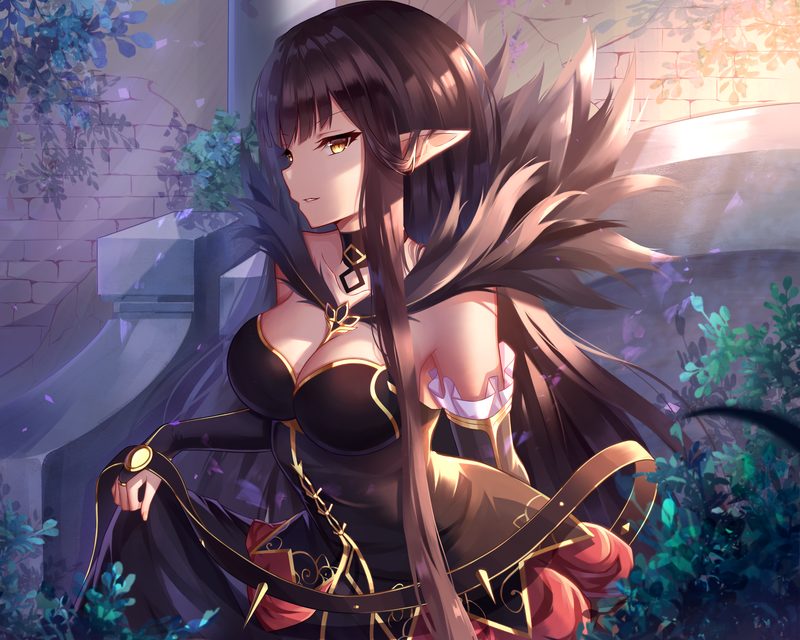 black hair, pointed ears, long hair, yellow eyes, cleavage, Assassin of Red (Semiramis) (Fate/Apocrypha), anime