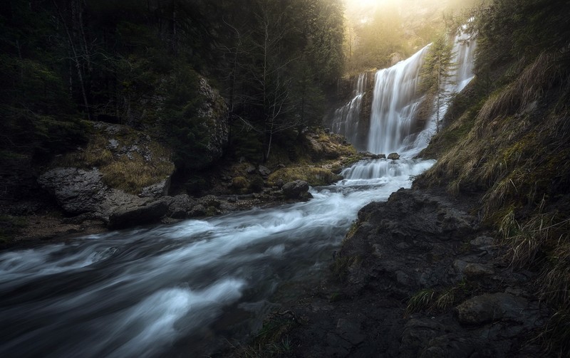 dark, water, waterfall, nature, outdoors, forest