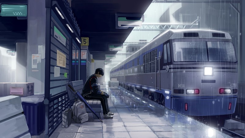TROUBLESHOOTER, rain, train, train station, alone, backpacks, video games, umbrella, daylight, mist, bench, black hair, dark hair, sneakers, black clothing, Black clothes, thinking