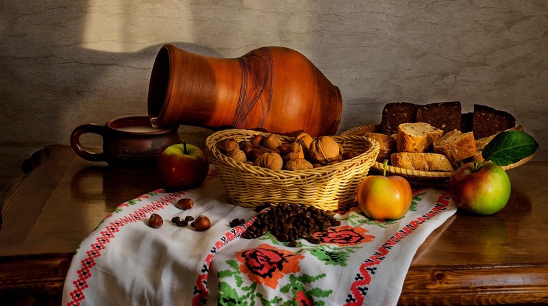 still life, food, apples, fruit, nuts, leaves