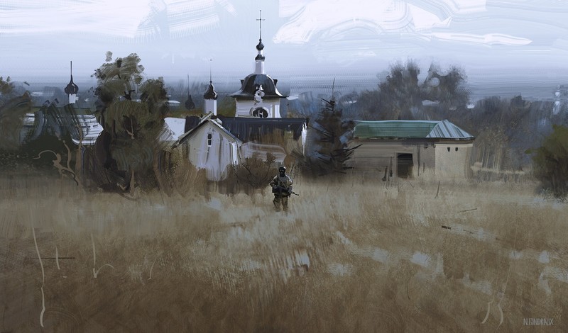 Russia, ArtStation, artwork, Nick Gindraux, village, church