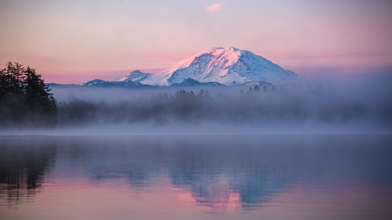 nature, landscape, sky, mountains, mist, dawn, river, trees, national park, Mount Rainier, Washington, USA