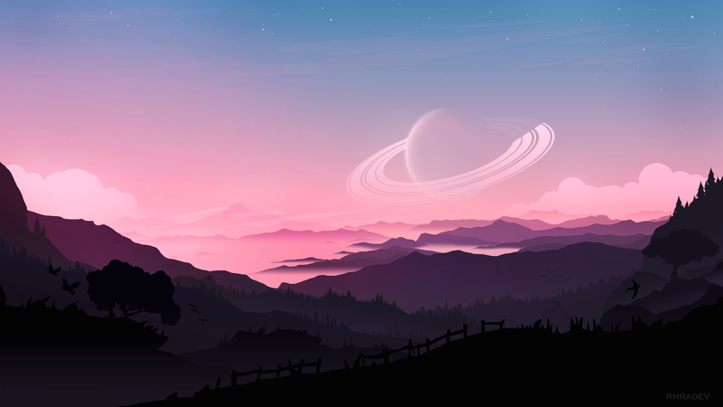 digital art, artwork, illustration, science fiction, planet, Saturn, landscape, nature, sky, skyscape, mountains, birds, forest, trees, clouds, sunset, Flatdesign, vector art, vector