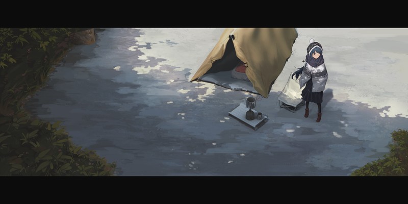 Yuru Camp, anime girls, high angle, winter, long hair, blue hair, camping, scarf, forest, Rin Shima, 2D, violet eyes, fan art, pantyhose, brown boots, anime