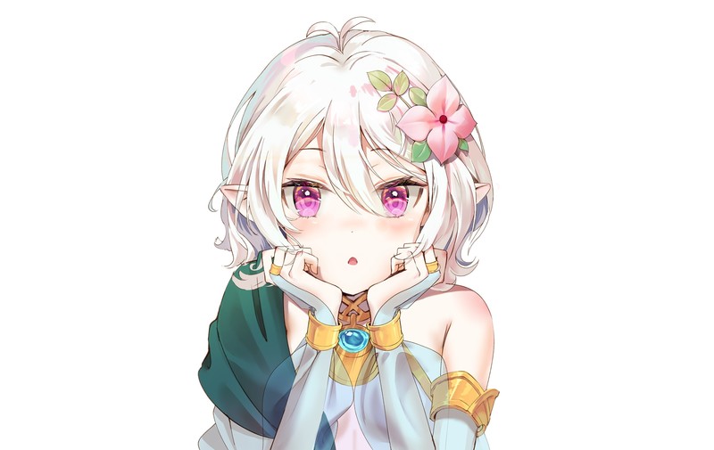 elbow gloves, Princess Connect, short hair, white hair, pink eyes, blush, see-through dress, gloves, anime