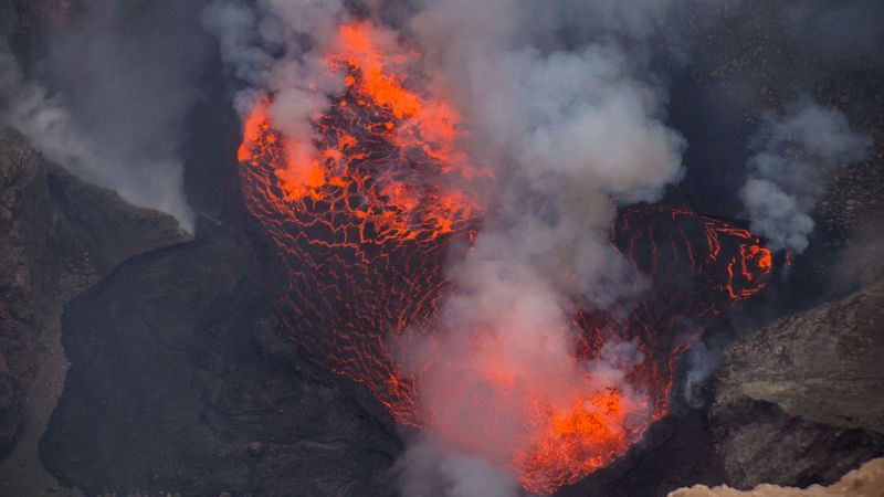 volcano, lava, eruption, smoke, ash, hot, crater, 4k