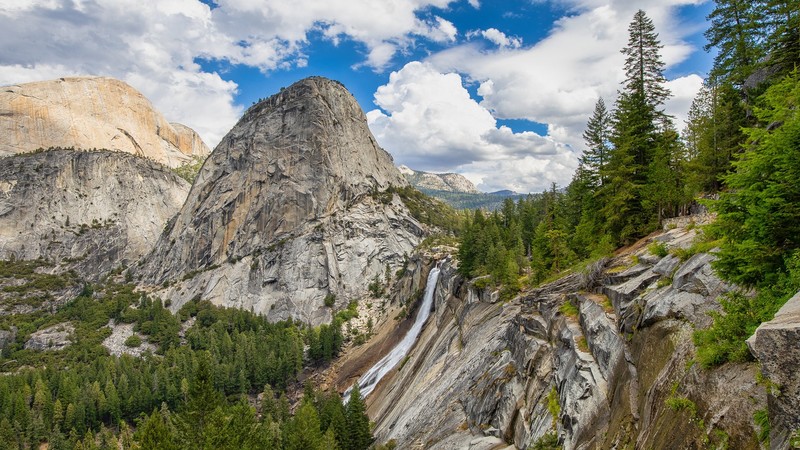 nature, landscape, mountains, waterfall, sky, clouds, trees, park, national park, California, USA