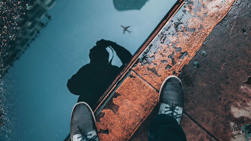 puddle, border, legs, reflection, photographer, sidewalk, 4k