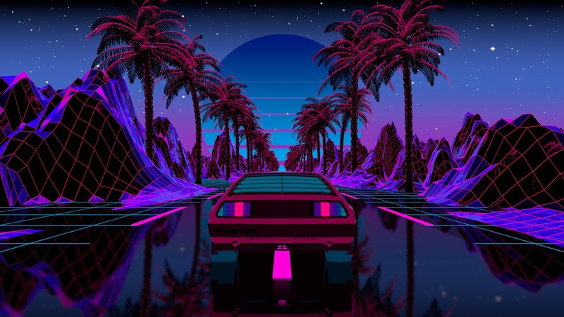 OutRun, car, vehicle, transport, palm trees, cyber, reflection, Sun, purple, pink, cyan, digital, artwork, illustration, evening, neon, landscape, nature, mountains, vaporwave, synthwave, Retrowave