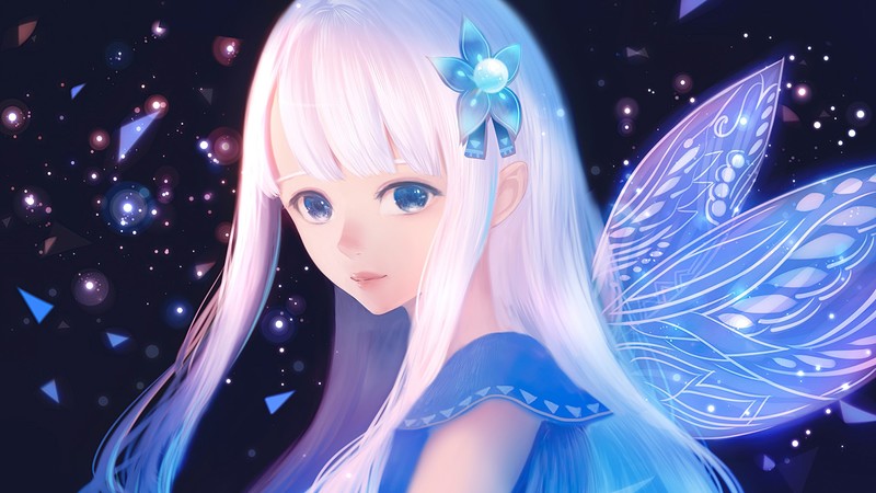 wings, long hair, white hair, blue eyes
