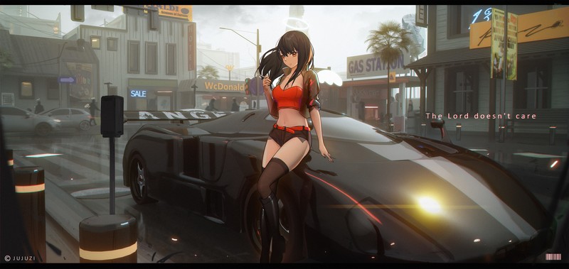 car, cleavage, long hair, smoking, brunette, city, street, gas stations, angel, parking, tight shorts, belt, red eyes, pedestrian, legs crossed, cigarettes, jacket, traffic, nimbus