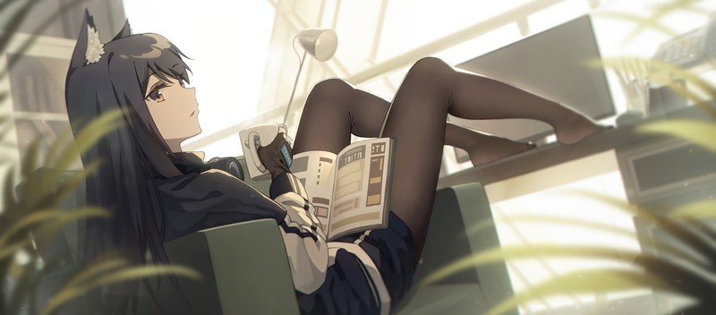 anime, anime girls, Arknights, video game characters, Texas (Arknights), animal ears, gray hair, books, brown eyes, long hair, drink, fingerless gloves, headphones, plants, cup, pantyhose, desk lamp