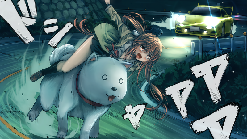 dog, car, Mazda RX-7, parody, long hair, school uniform, skirt, twintails