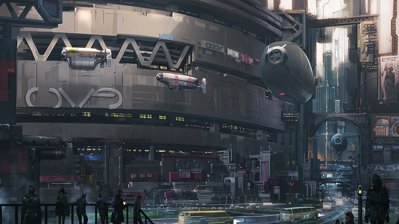 city, car, science fiction, airships, building