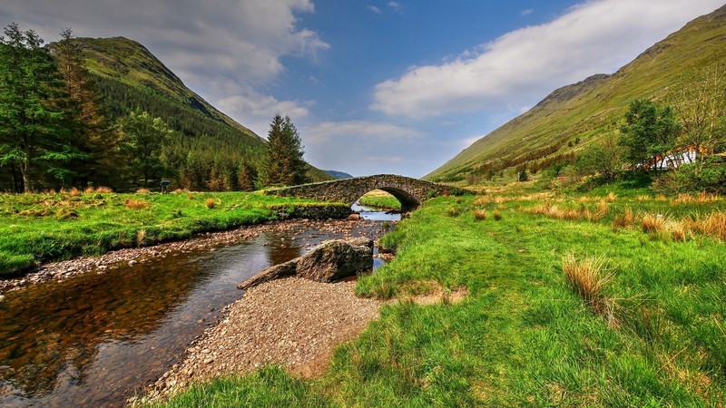 nature, landscape, sky, clouds, grass, bridge, mountains, trees, river, Butter Bridge, Scotland