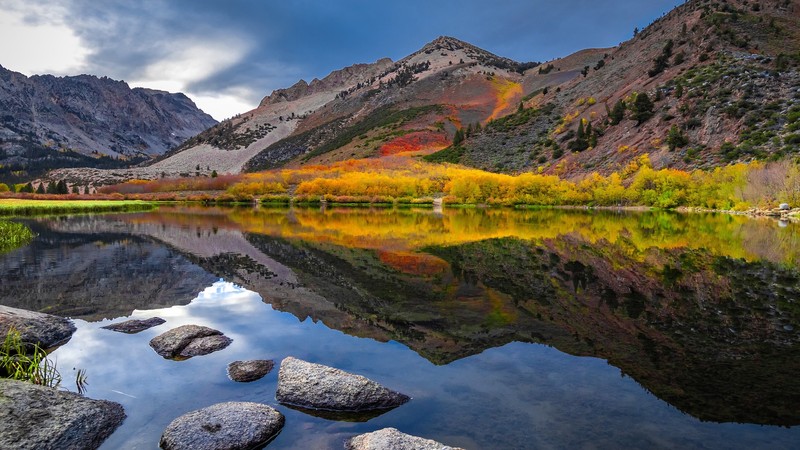 nature, landscape, mountains, sky, clouds, rocks, trees, lake, reflection, California, USA