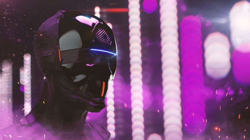 mask, helmet, cyberpunk, robot, neon, lights, head, 4k
