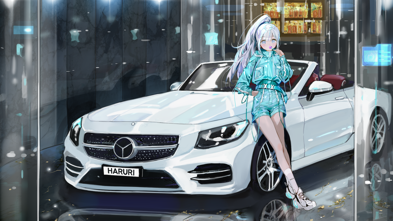 car, Convertible, white hair, long hair, Mercedes-Benz, front angle view, women, ponytail, lolipop, legs, light hair, white cars, Mercedes-Benz S-Class