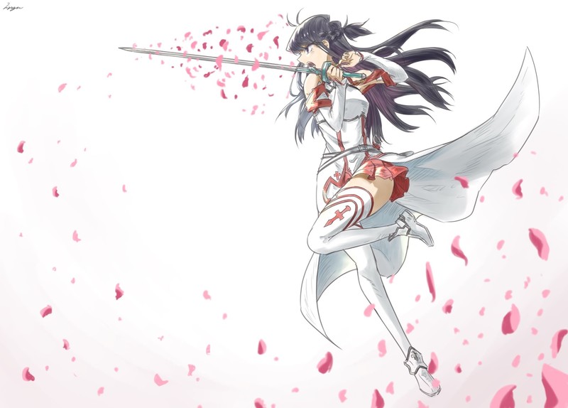 Komi-san wa, Comyushou desu., Sword Art Online, crossover, anime girls, Sakura blossom, JK, women with swords, thigh high boots, female warrior, thighs, thick thigh, glutes, ass, long hair, black hair, Komi Shouko, Yuuki Asuna, white boots, jumping, curvy, 2D, simple background, black eyes, mitsugu, fan art, fighting, open mouth