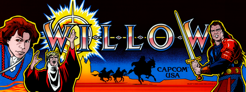 arcade cabinet, video game art, arcade marquee, Willow, Capcom