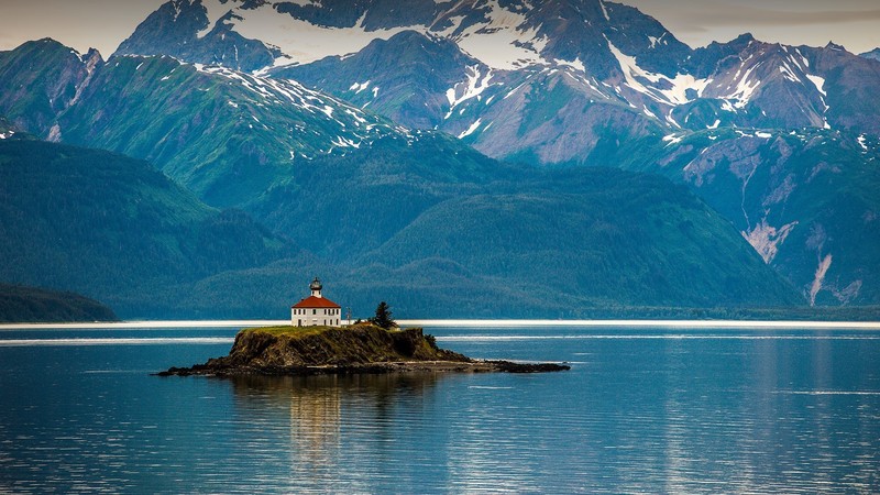 nature, landscape, lake, mountains, snowy mountain, far view, house, Alaska, USA