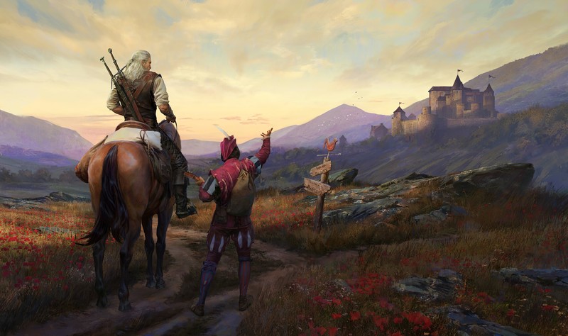 artwork, digital art, video game art, video games, The Witcher, The Witcher 3: Wild Hunt, Gwent, castle, horse, bard, Jaskier, Geralt of Rivia, landscape, Dandelion (character)