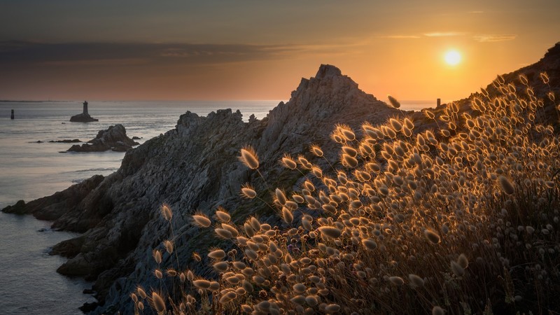 nature, landscape, rocks, mountains, Sun, plants, clouds, sunset, water, sea, far view