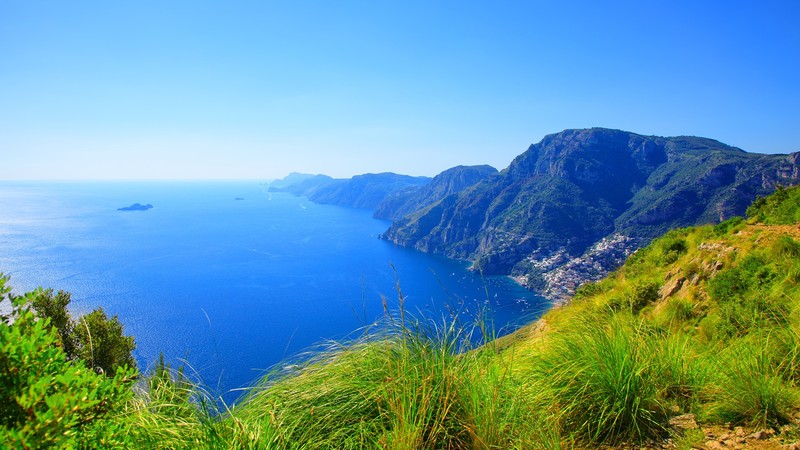 nature, landscape, mountains, far view, coast, plants, grass, sky, horizon, peninsula