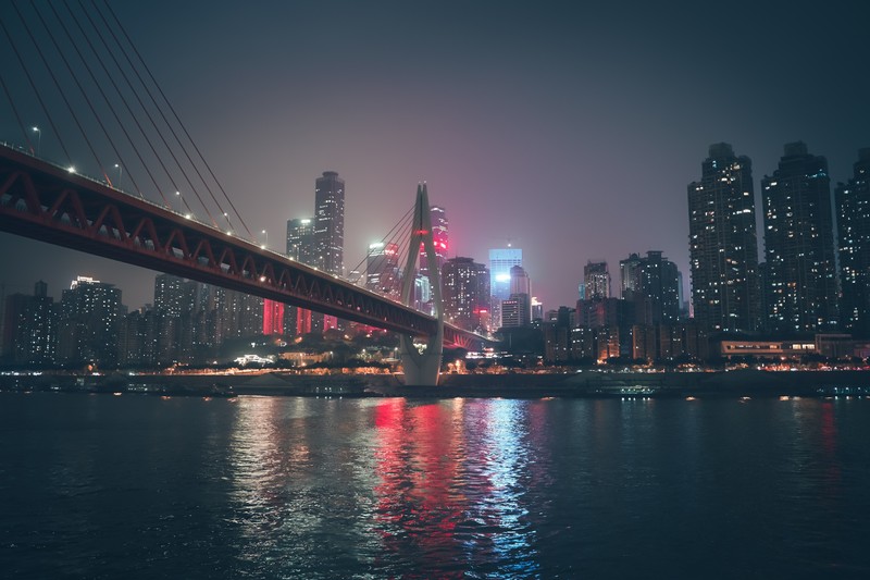 ChongQing, China, sky, bridge, river, skyscraper, night, lights, water ripples