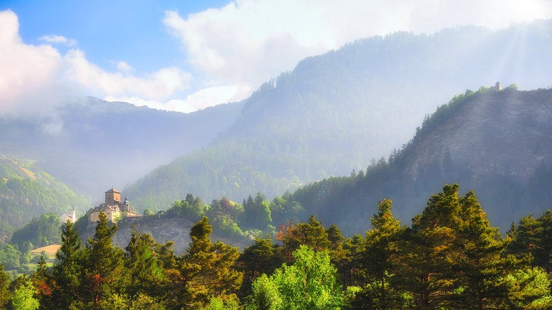 nature, landscape, sky, clouds, mountains, trees, sunlight, castle, Castle Ortenstein, Switzerland