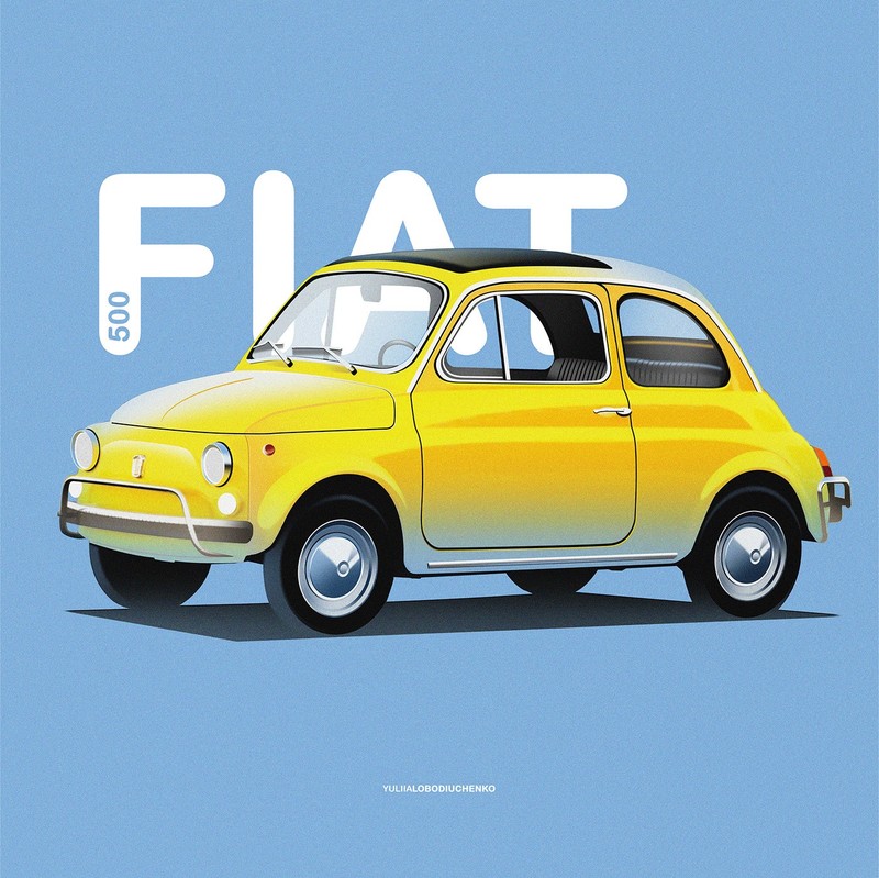 car, classic car, illustration, Yuliia Lobodiuchenko, fiat 500, FIAT, front angle view, simple background, typography