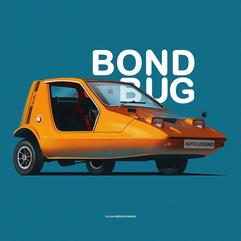 car, classic car, illustration, Yuliia Lobodiuchenko, Bond Bug, simple background, typography