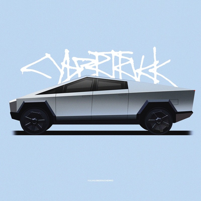 car, classic car, illustration, Yuliia Lobodiuchenko, Tesla Cybertruck, side view, simple background, typography, Tesla