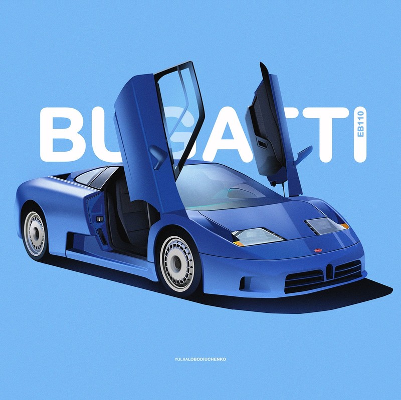 car, illustration, classic car, Yuliia Lobodiuchenko, Bugatti, Bugatti EB110, open door, simple background, typography
