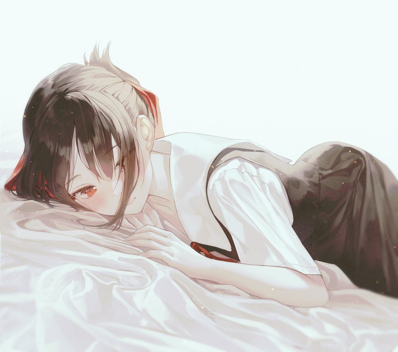 Kaguya-Sama: Love is War, anime girls, 2D, long hair, black hair, school uniform, black dress, blushing, white bed sheets, smiling, red ribbon, embarrassed, Kaguya Shinomiya, fan art, red eyes